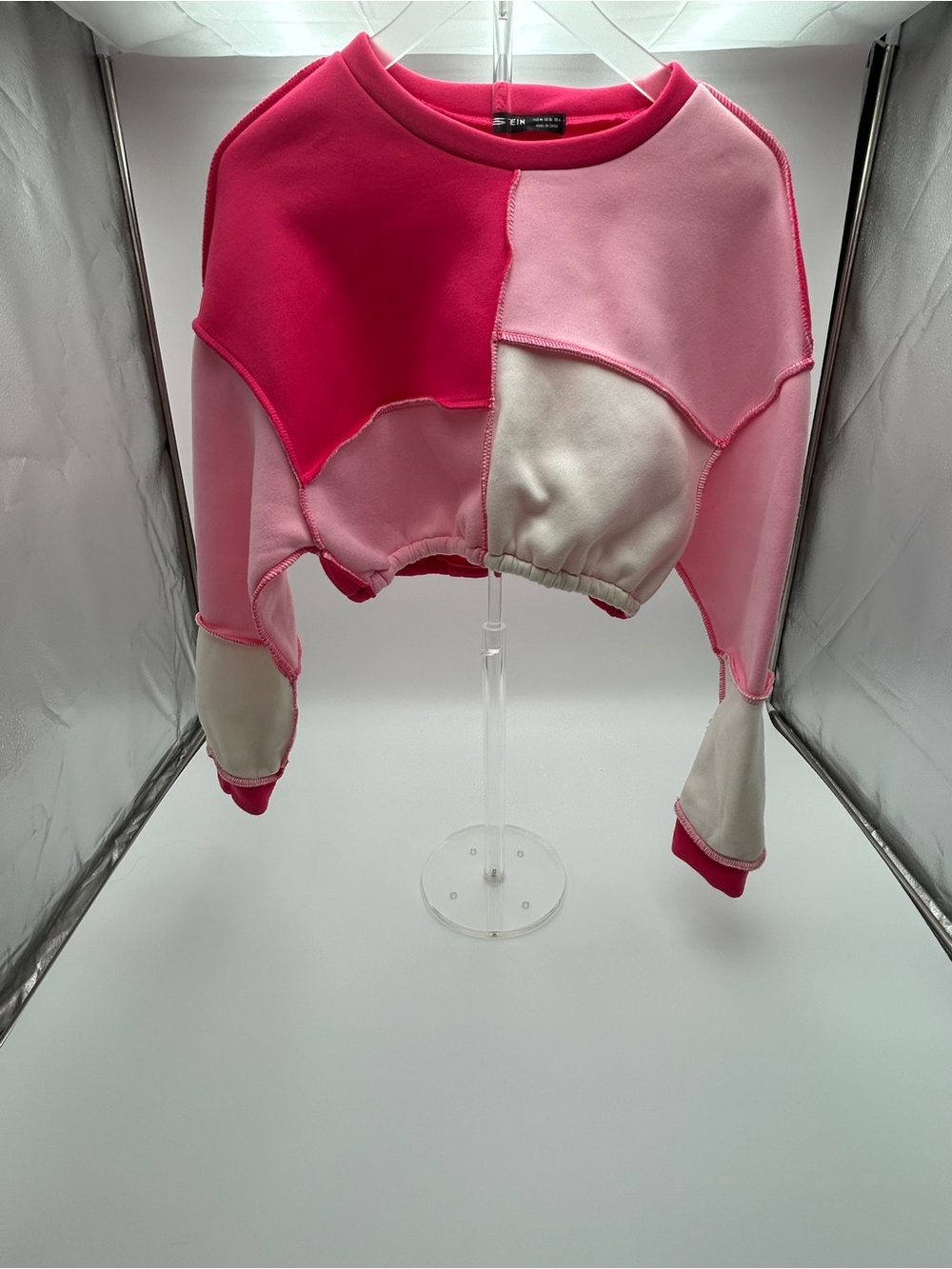 SHEIN Pink & Light Pink Patchwork Cropped Bomber sweatshirt